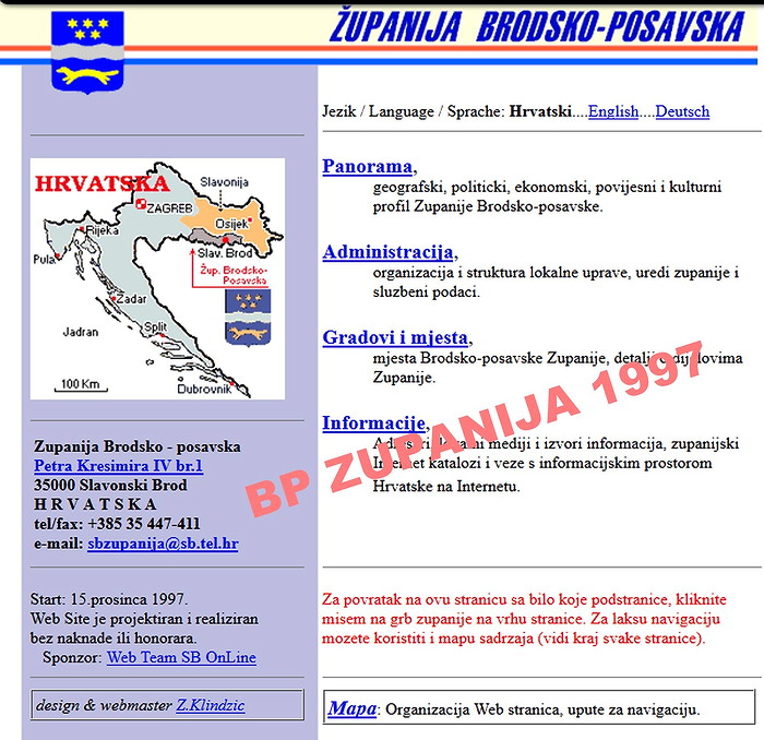Službene web stranice Brodsko-posavske županije 1997. Webmaster Željko Klindžič